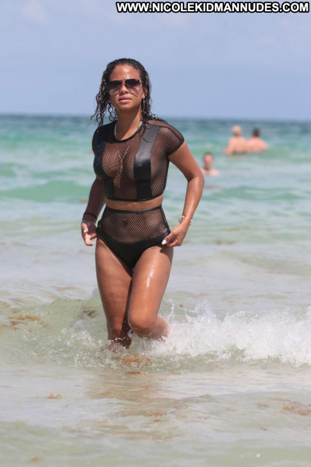 Christina Milian The Beach Black Swimsuit Posing Hot Celebrity Babe